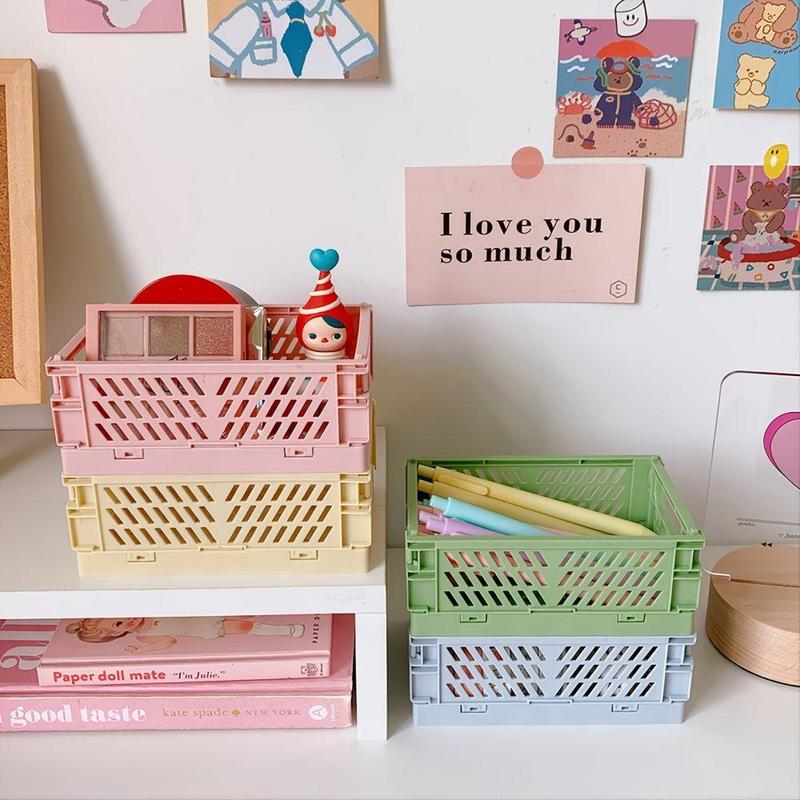 Solid Color Hollow Out Folding Storage Basket, 1 Count Foldable Desktop Storage Container, Desk Organizer for Home Office School Student