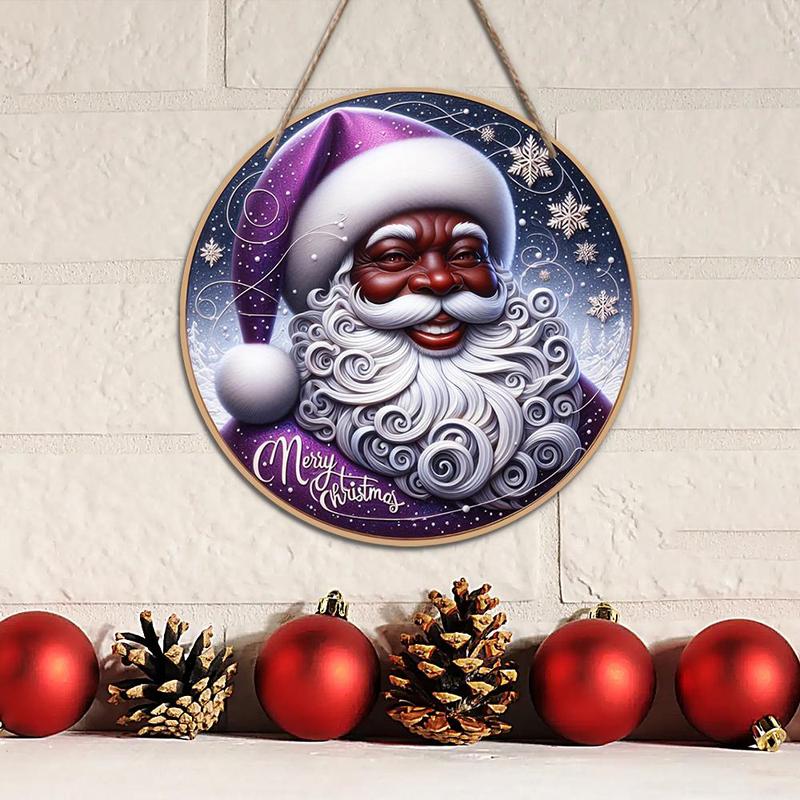 Wooden Round Christmas Decoration without Wreath, 1 Count Santa Claus Pattern Hanging Ornament, Garden Decoration, Home Decor for Living Room Bedroom