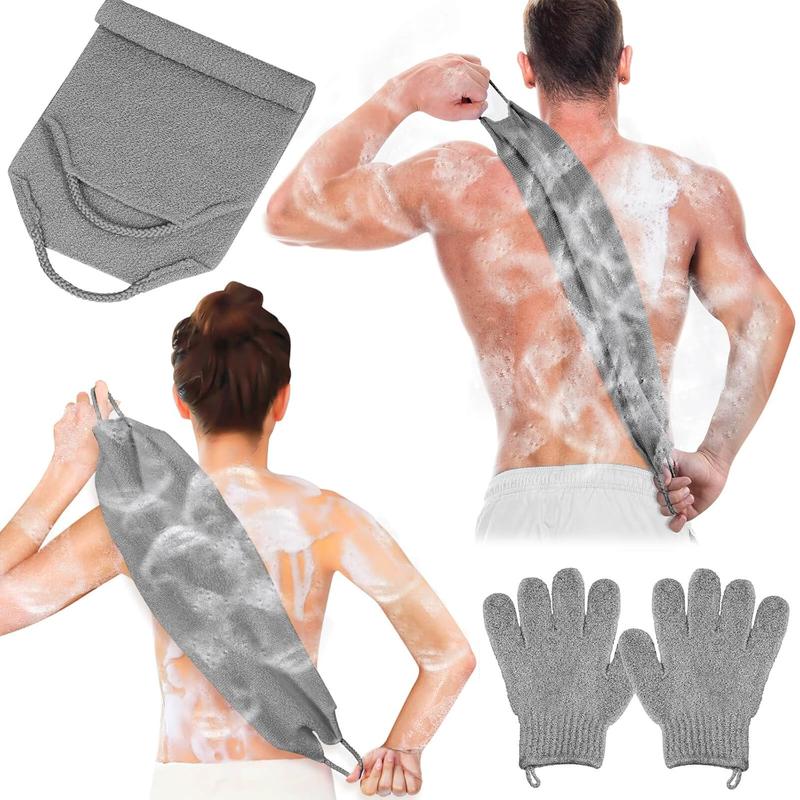 Exfoliating Back Scrubber Bath Gloves Set, Exfoliating Shower Towel with Shower Gloves for Body Scrub, Back Cleaner Wash Gloves to Remove Dead Skin Accessories Hanging Washable