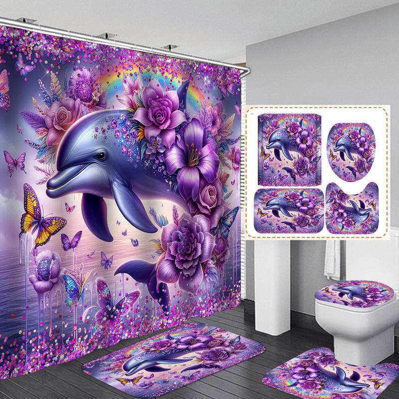 Dolphin Pattern Shower Curtain, 1 4 Counts Bathroom Decoration with 12pcs Hooks, Bathroom Accessories for Home Dormitory Hotel Decor