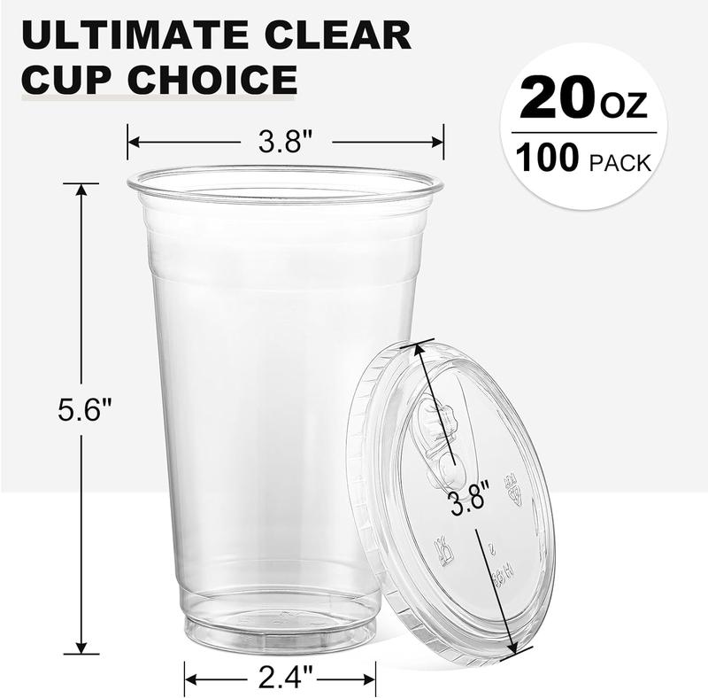 100 Sets, 20 oz Crystal Clear Plastic Cups With Sip Lids, Disposable Cups With Sip Through Lids for Iced Coffee, Smoothie, Milkshake, Cold Drinks