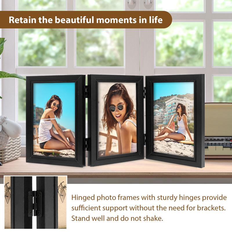 Double Triple Photo Frame 180° Foldable Hinged Picture Frame Stand Vertically on Desktop Photo Frame with Glass Front Black Photo Frame for Desktop Birthday Gifts