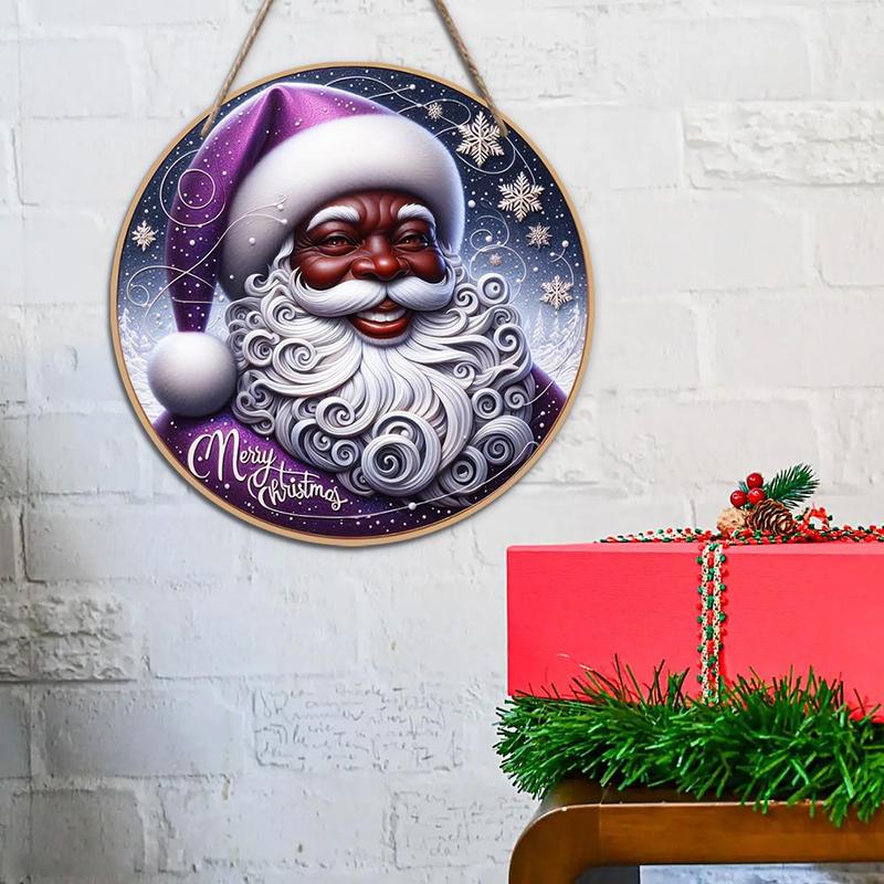 Wooden Round Christmas Decoration without Wreath, 1 Count Santa Claus Pattern Hanging Ornament, Garden Decoration, Home Decor for Living Room Bedroom