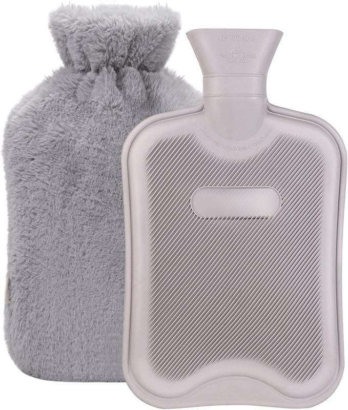 Classic Rubber Hot Water Bottle w Luxurious Faux  Plush Fleece Cover (2L, Gray)