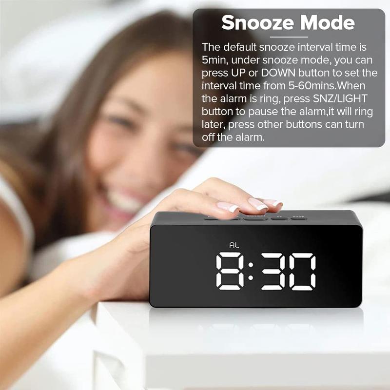 Digital Alarm Clock, Snooze Time Temperature Function Bedside Clock, Adjustable Brightness Mirror Surface LED Display Alarm Clock, Home Office Decorative Clock