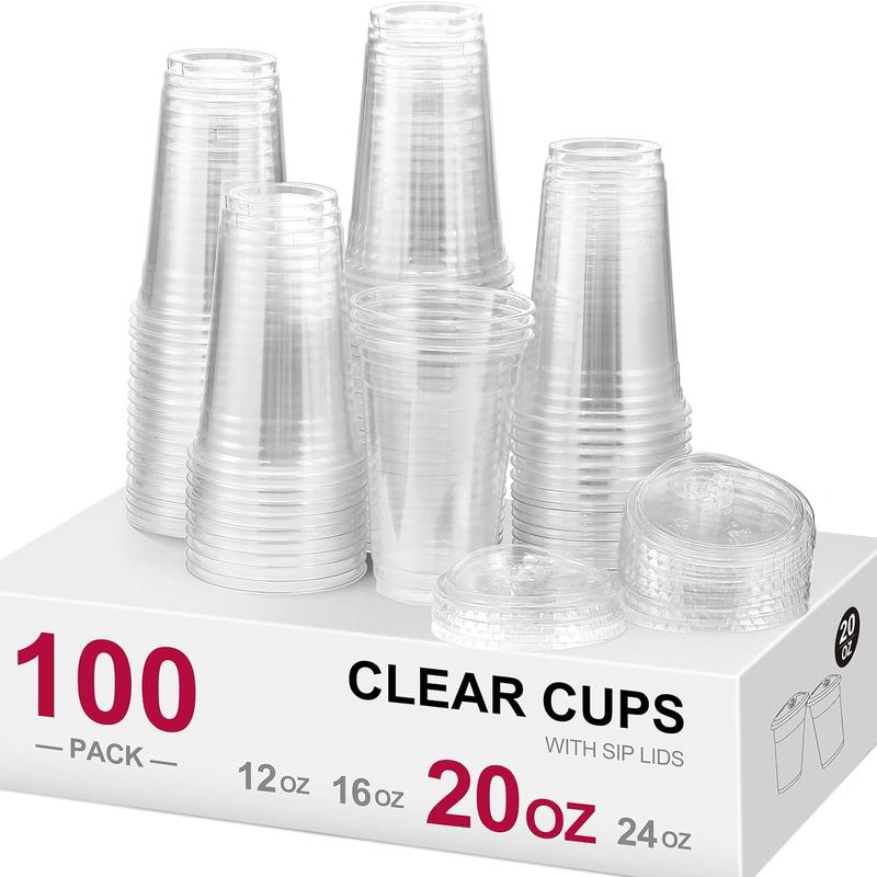 100 Sets, 20 oz Crystal Clear Plastic Cups With Sip Lids, Disposable Cups With Sip Through Lids for Iced Coffee, Smoothie, Milkshake, Cold Drinks