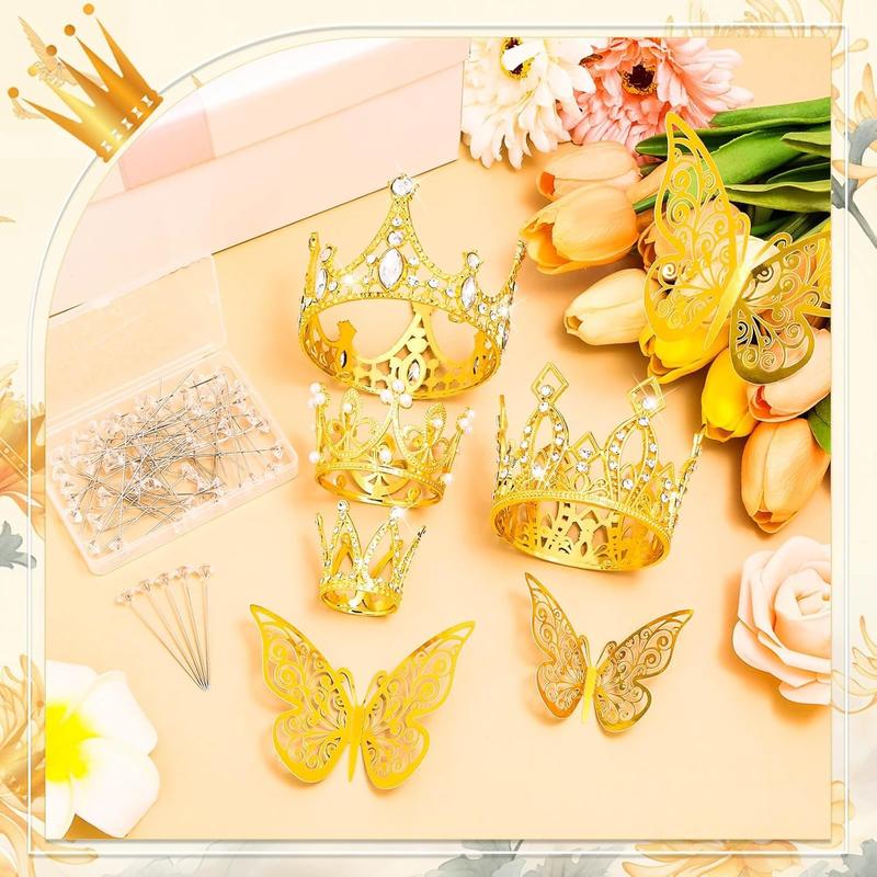 Flower Bouquet Accessories Including 4 Pcs Silver Crowns, 12 Pcs Butterfly Decorations and 50 Pcs Flower Pins for Flower Bouquets and Cake Topper Decoration