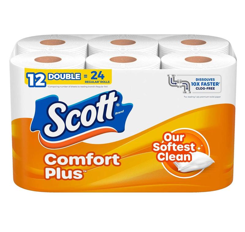 Scott ComfortPlus Toilet Paper, 12 Double Rolls, 231 Sheets per Roll, Septic-Safe, 1-Ply Toilet Tissue Bath Wipes