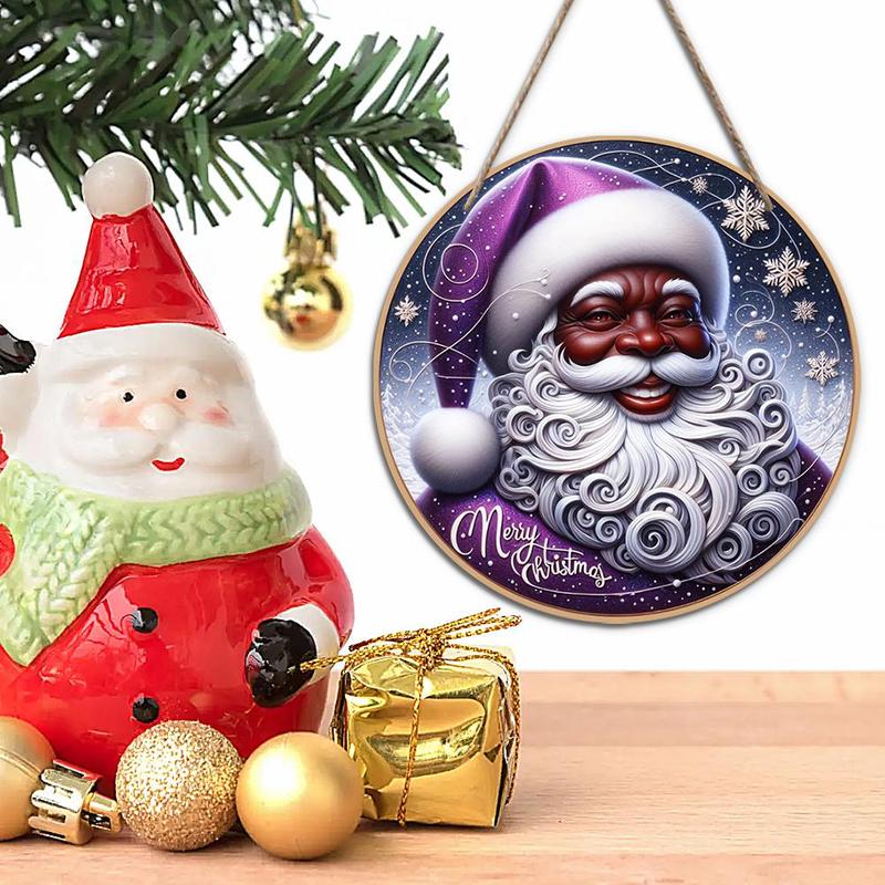 Wooden Round Christmas Decoration without Wreath, 1 Count Santa Claus Pattern Hanging Ornament, Garden Decoration, Home Decor for Living Room Bedroom