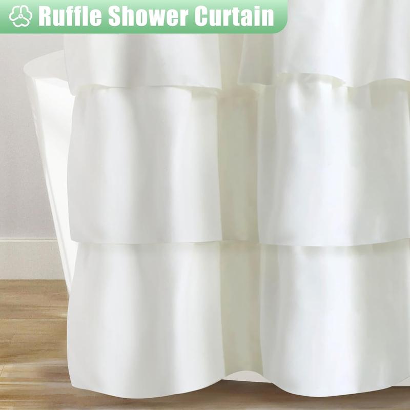 Solid Color Ruffle Trim Shower Curtain, Woven Layered Ruffle Design Shower Curtain with Natural Button Accents, Machine Washable Polyester Bath Curtain, Bathroom Decor, Bathroom Accessories