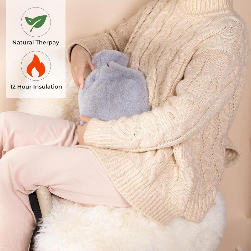 Classic Rubber Hot Water Bottle w Luxurious Faux  Plush Fleece Cover (2L, Gray)