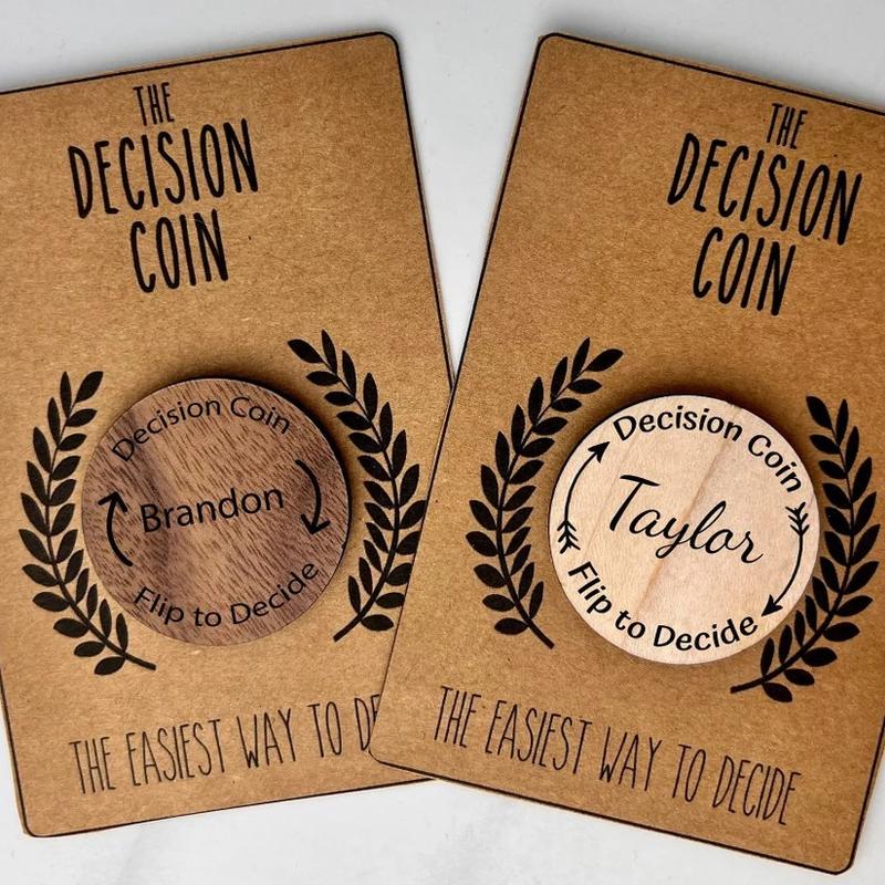 Personalized Decision Maker Coin | Argument Solver | Engraved | Stocking Stuffer | Couples | Flip Coin | 5th Anniversary Wood Gift | For Her