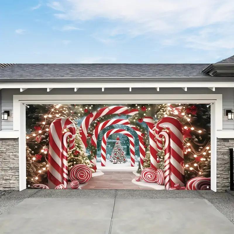 Christmas Themed Garage Door Cover, Candy Cane Pattern Garage Door Banner, Outdoor Holiday Decoration for Home, Party, Festival