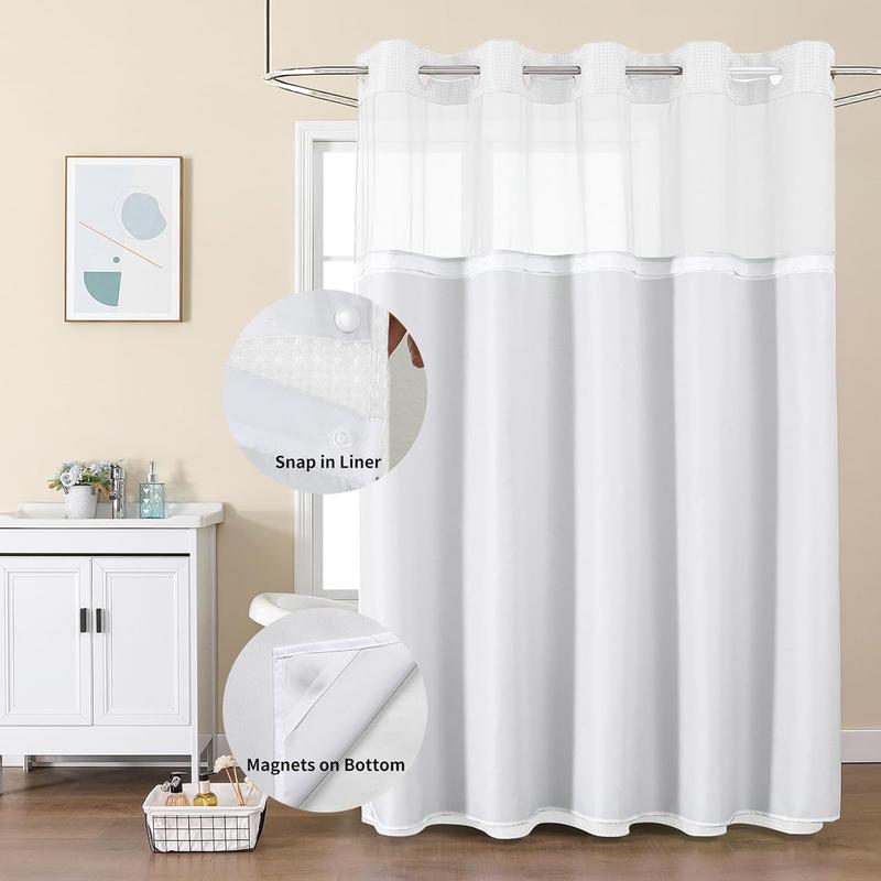 No Hook Shower Curtain with Snap in Fabric Liner, Waffle Weave Heavy Duty Thick Shower Curtains with Mesh Top Window, Hotel Style Waterproof Bathroom Curtain Set, 72 x 75 Inch, White