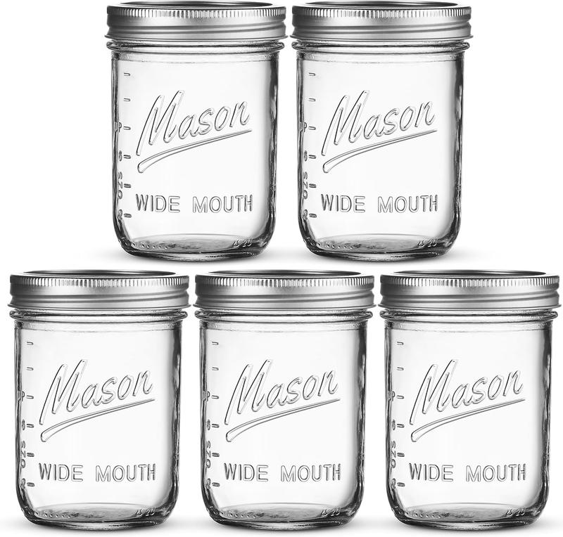 Wide Mouth Mason Jars 16oZ [5 Pack] With mason jar lids andBands, mason jars 16 oz - ForCanning, Fermenting, Picking - JarDécor-Microwave Freeze DishwasherSafe. Bottles Glass