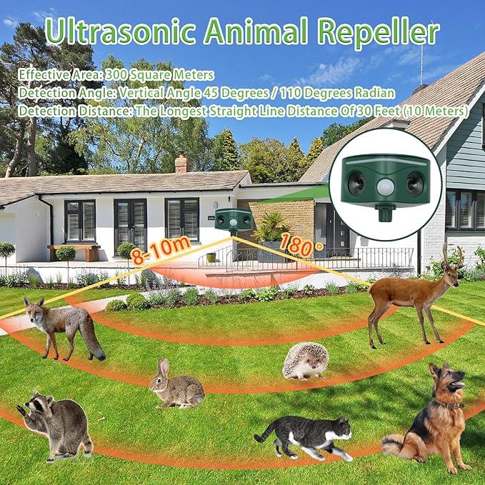 Ultrasonic Solar Animal Repeller Outdoor with Motion Sensor, Deer Dog Squirrel Skunk Cat Repellent Devices