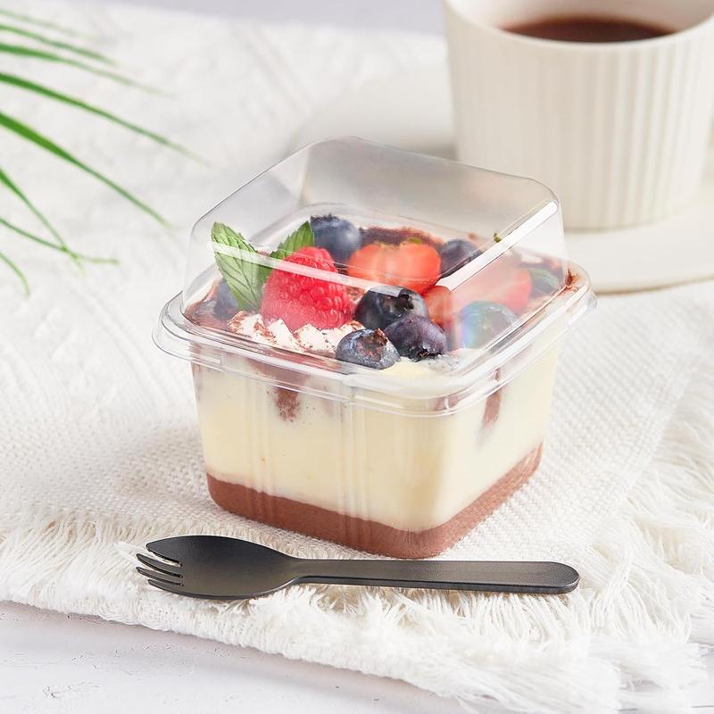 50 Pack 8 oz Plastic Dessert Cups with Lids and Sporks, Clear Square Cake Cups Dessert Containers for Pudding Parfait Fruit Yogurt and Shortcake