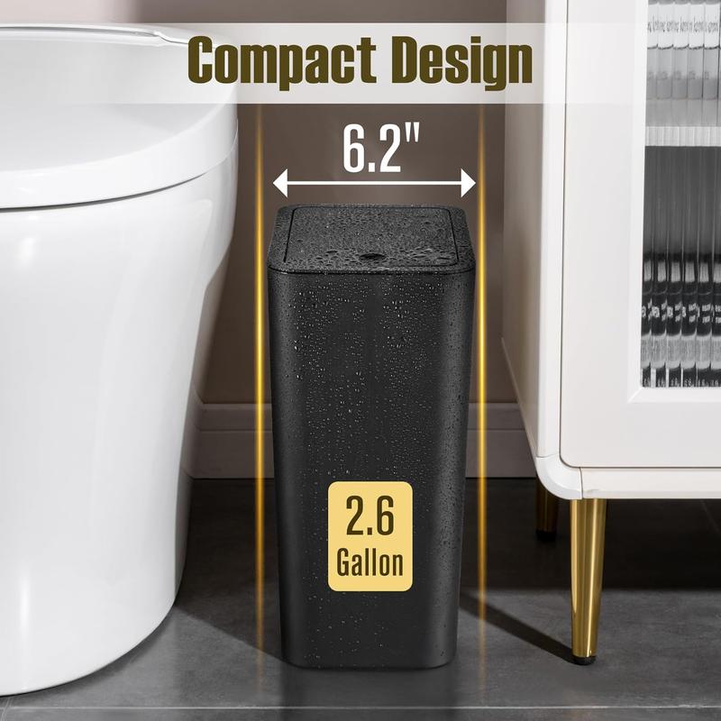 2 Pack Bathroom Trash Can with Lid, 2.6 Gallon   10 Liter Small Garbage Can with Press Top Lid, Plastic Wastebasket with Pop-up Lid for Toilet, Office, Bedroom, Living Room, Black