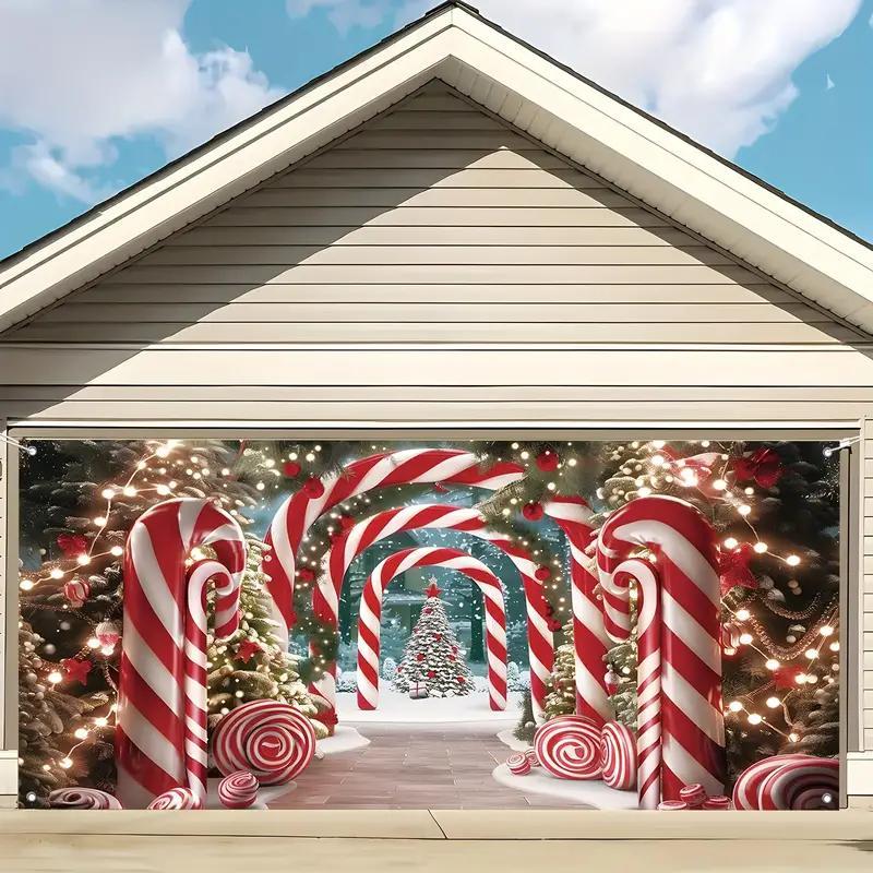 Christmas Themed Garage Door Cover, Candy Cane Pattern Garage Door Banner, Outdoor Holiday Decoration for Home, Party, Festival