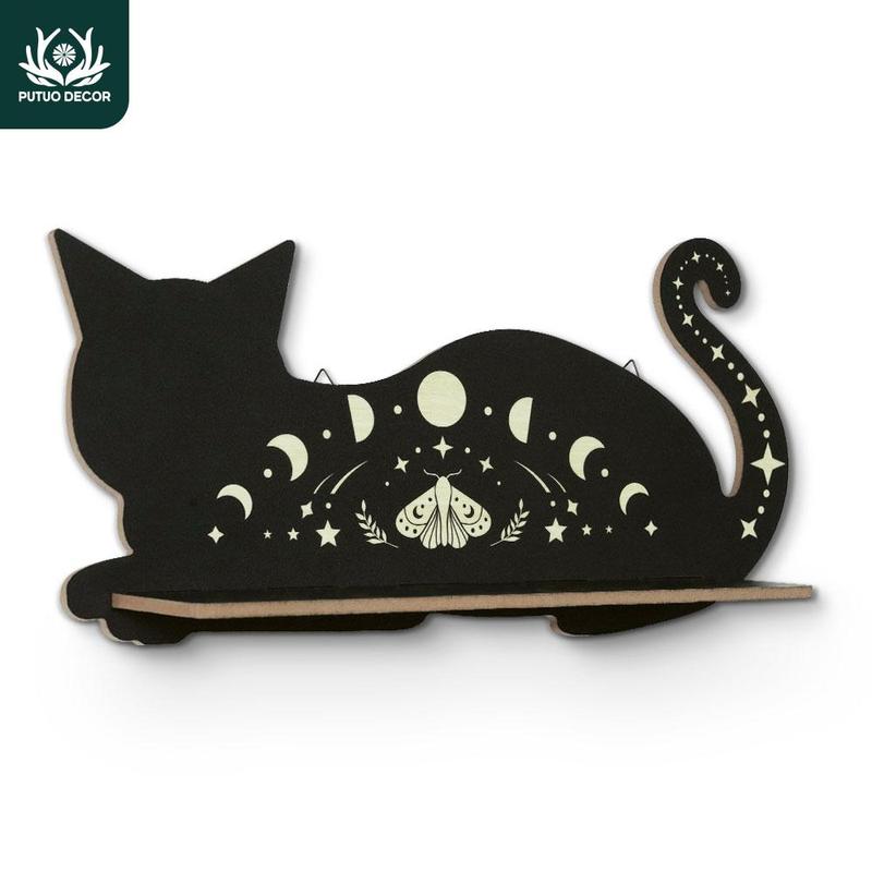 Cat Shaped Wall Mounted Shelf, 1 Count Creative Hollow Out Wooden Wall Candle Holder, Home Decor Display Shelf for Home Farmhouse Living Room