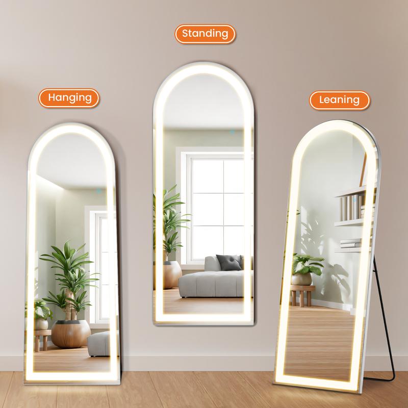 Sweet Furniture Plus Floor Mirror Stand Mirror Full Length with LED Lights, Floor Mirror Dimming & 3 Color Lighting, Large Mirror Full Length Aluminum Alloy Thin Frame for Bedroom, Dressing Room