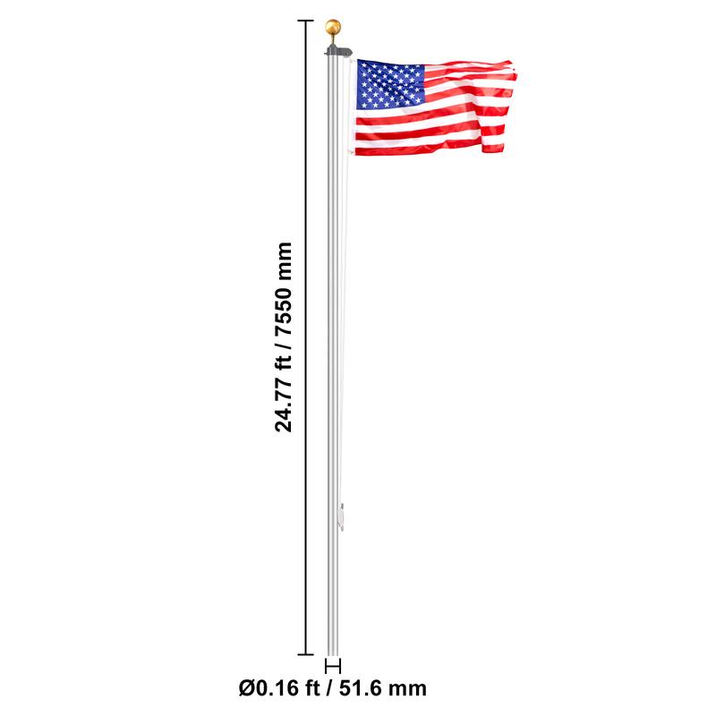 VEVOR 25FT Sectional Flag pole Kit, Heavy Duty Aluminum Alloy in Ground Flag poles for Outside, 3 Display Modes Flagpole with 3x5 American Flag, Professional Accessories, Silver Banners Lightweight