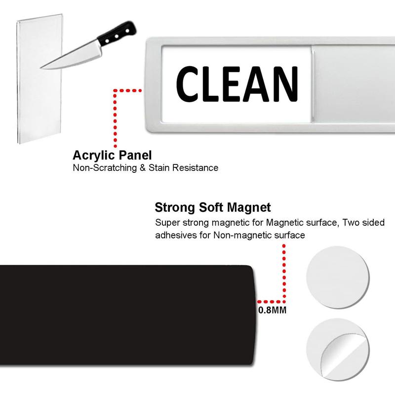 Dishwasher Magnet Clean Dirty Sign, Non-Scratching Super Strong Soft Magnet with Double-Sided Adhesives Easy to Read & Slide for Kitchen Dishwasher Laundry Washing Machine (Silver & White)