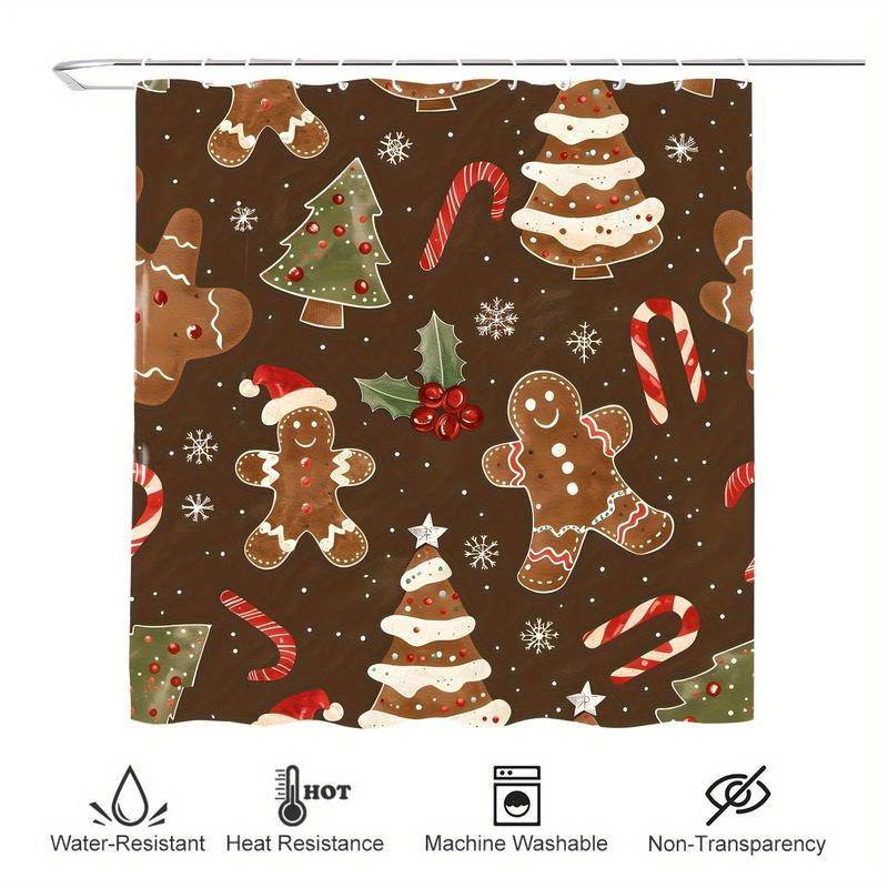 Christmas Themed Shower Curtain Decoration, 1 Count Gingerbread & Christmas Tree Pattern Bathroom Curtain with 12 Hooks, Bathroom Decor Supplies for Home Hotel Salon Dormitory