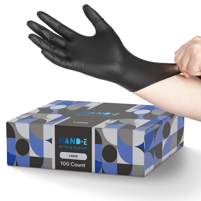 Hand-E Nitrile Gloves (Large) - 100 Count - Black, Powder and Latex Free - Cleaning Supplies Box Disposable