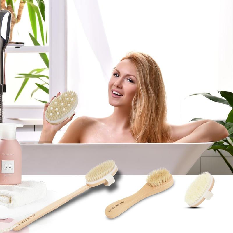 Long Handle Dry Brush Set with 3 Detachable Heads, Boar Bristle Exfoliator for Lymphatic Drainage and Cellulite, Shower Scrubber Brush.