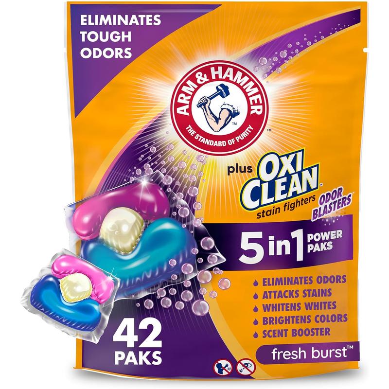 ARM & HAMMER plus Oxiclean with Odor Blasters Concentrated Laundry Detergent, 5-In-1 Laundry Stain Remover, Fresh Burst Detergent Power Paks, 42 Count Bag Church & Dwight