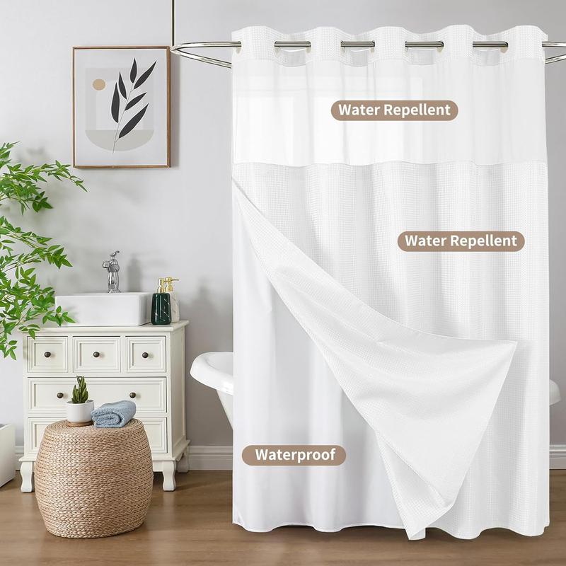 No Hook Shower Curtain with Snap in Fabric Liner, Waffle Weave Heavy Duty Thick Shower Curtains with Mesh Top Window, Hotel Style Waterproof Bathroom Curtain Set, 72 x 75 Inch, White