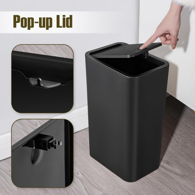 2 Pack Bathroom Trash Can with Lid, 2.6 Gallon   10 Liter Small Garbage Can with Press Top Lid, Plastic Wastebasket with Pop-up Lid for Toilet, Office, Bedroom, Living Room, Black