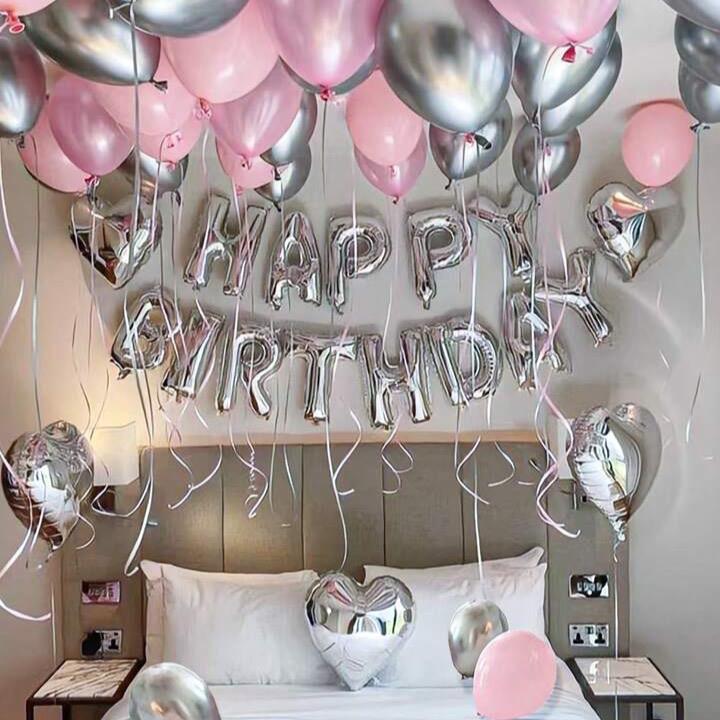 47pcs Set Pink Birthday Party Decorations, Heart Foil Balloons, Happy Birthday Banner, Reusable Supplies