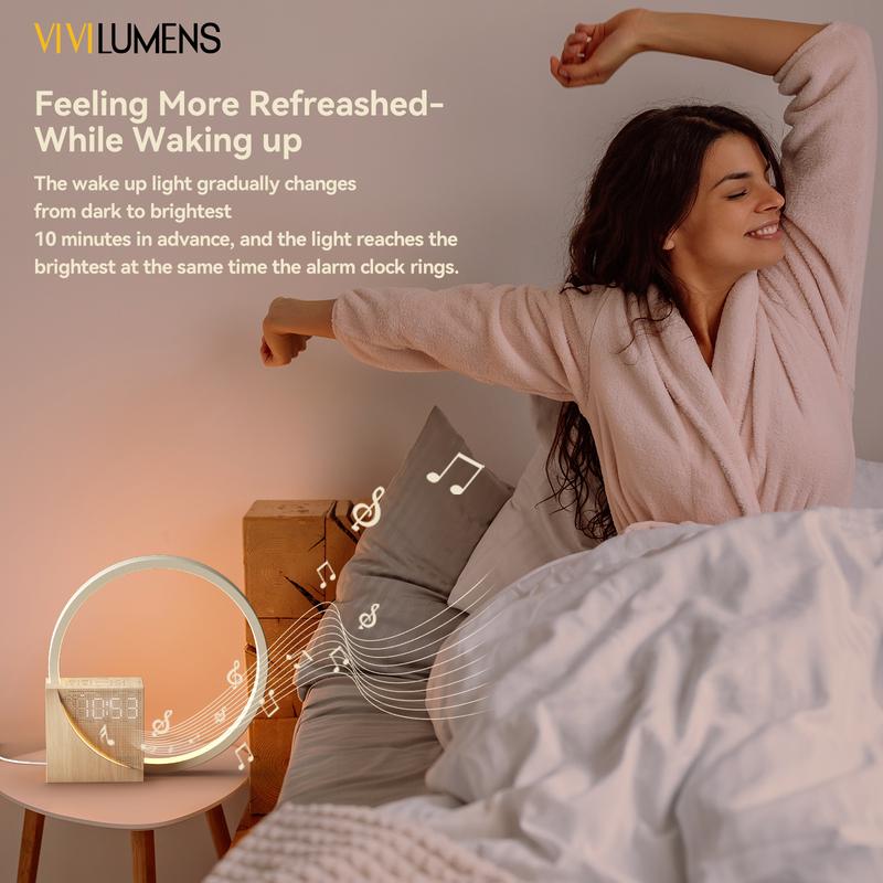 Vivilumens Sunrise Alarm Clock for Heavy Sleepers Adults, Wake-up Light, Sleep Aid 10 White Noise Sound Machines with 30 60 90 Timer, 3 Level Dimmable Touch Table Lamp with Snooze USB Charger Port