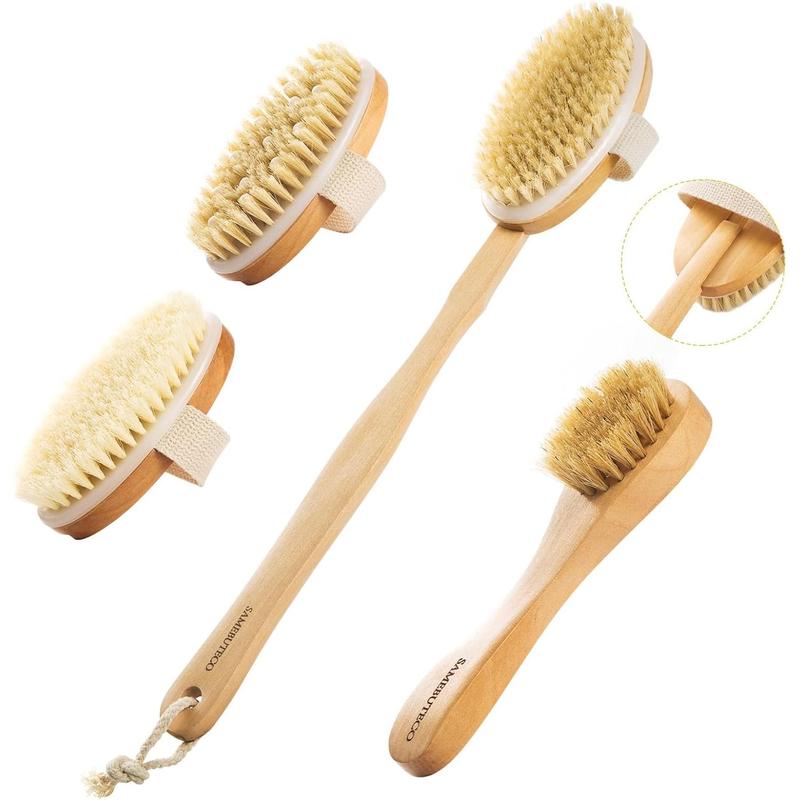 Long Handle Dry Brush Set with 3 Detachable Heads, Boar Bristle Exfoliator for Lymphatic Drainage and Cellulite, Shower Scrubber Brush.