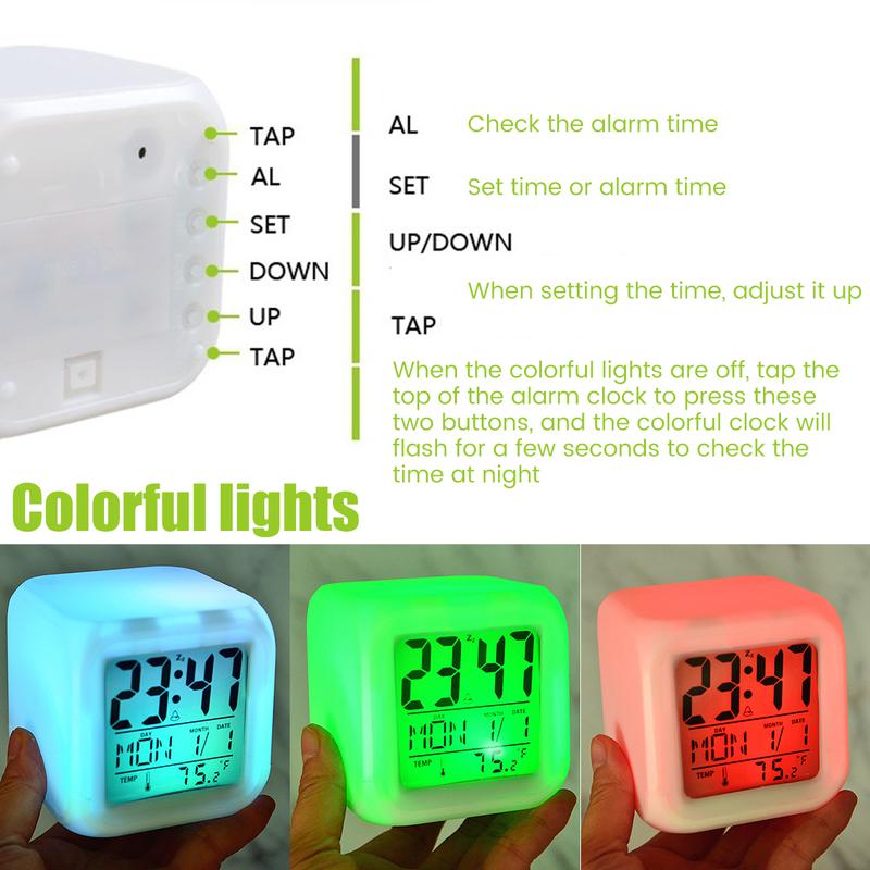 Gifts LED Digital Alarm Clock Mini Desk Cube Clock with Colorful Lights and Multiple Modes Multifunctional Glow Desk Clock Battery Powered Desktop Decoration for Bedroom Office Home Kitchen