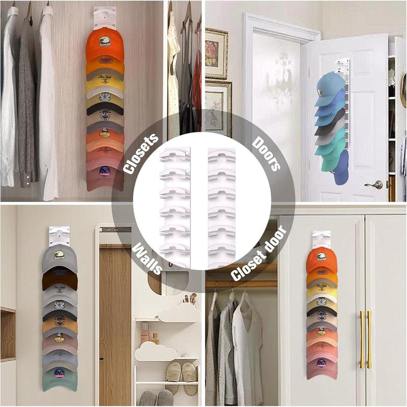 Hat Organizer for Baseball Caps 2Pack, Hat Rack for Wall with Strong Adhesive Hold up to 20 Hats, Hat Hanger Holder Display for Door Closet, Cap Organizer Storage Multilayer Two Mounting Option(White) Hangable