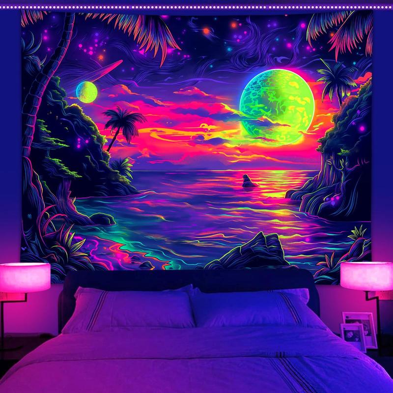 UV Reactive Tapestry, Fantasy Space Planet Landscape Tapestry, Neon Light Effect Fluorescent Tapestry, Bedroom Living Room Home Decoration