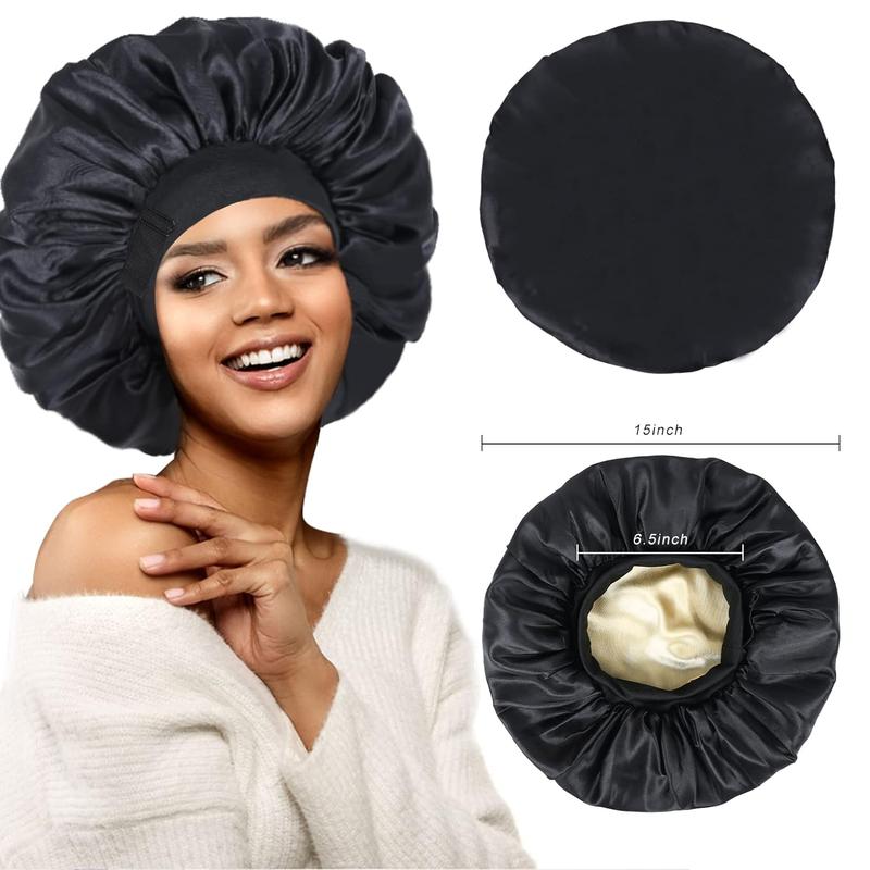 Silk Bonnet for Sleeping Double Layer Satin Bonnet Adjustable Bonnets for Black Women Sleep Cap Reversible Hair Bonnet for Curly Hair (Black)