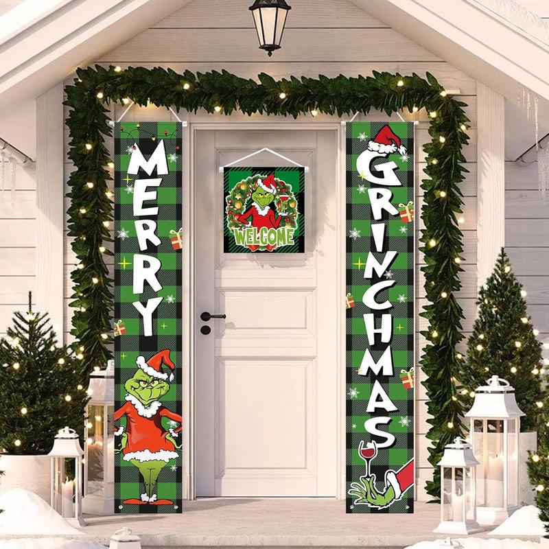 Grinchs Christmas Decorations, Christmas Decorations Outdoor Front Porch Door Sign Set - 3  Green MERRY GRINCHMAS Banner - Indoor Outdoor Xmas Decor Wall Front Door Yard