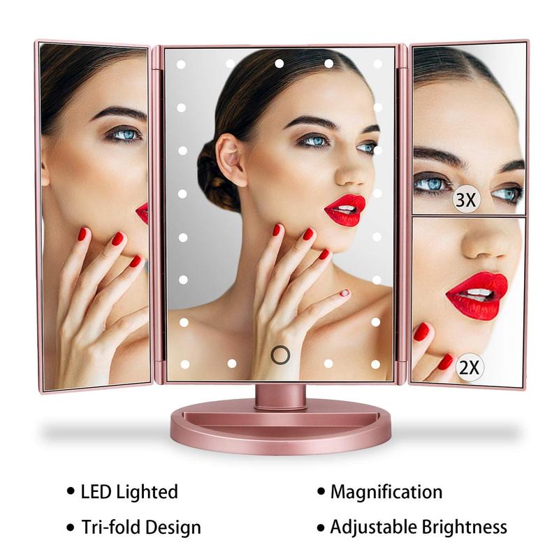 Dresser Mount Tri-Fold Lighted Vanity Mirror with 21 LED Lights, Touch Screen and 3X 2X 1X Magnification, Two Power Supply Modes Make Up Mirror