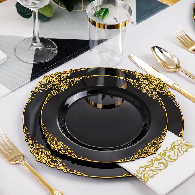 Nervure 350PCS Black and Gold Plastic Plates - Black Plastic Dinnerware Sets for 50 Guests - 100 Black Disposable Plates, 150 Gold Plastic Silverware, 50 Cups, 50 Napkins for Wedding & Party