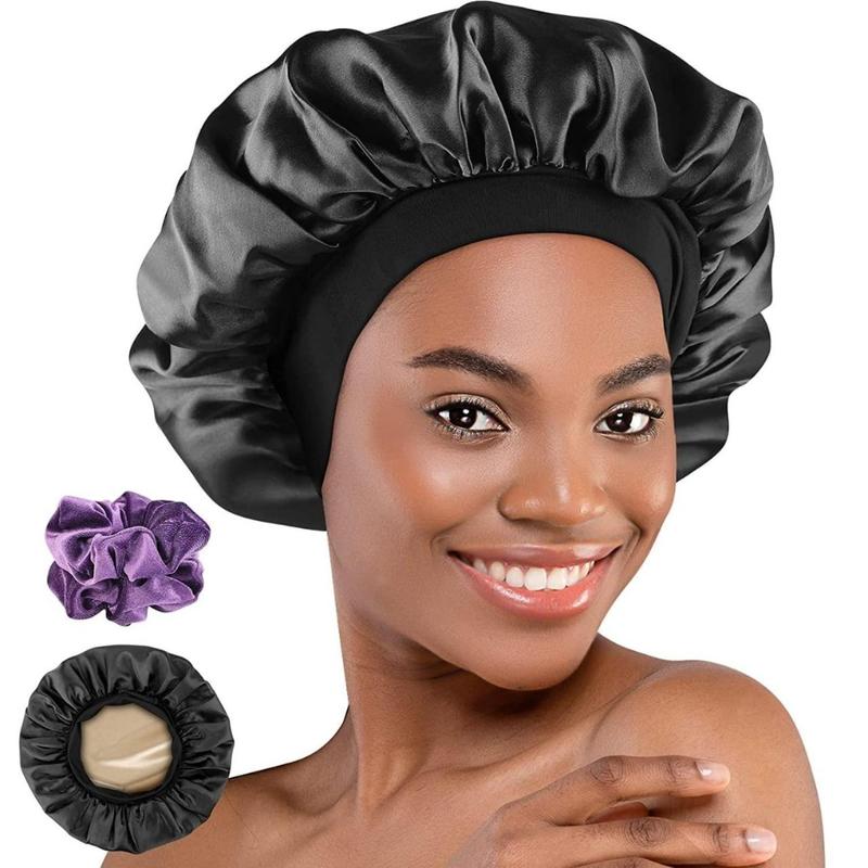 Silk Satin Bonnet, Hair Wrap Adjustable Sleep Cap with 2 counts of Scrunchies for Women Men Double Layer Lined Bonnets for Curly Braid Hair (Black)(Creative Life Pavilion) Shower