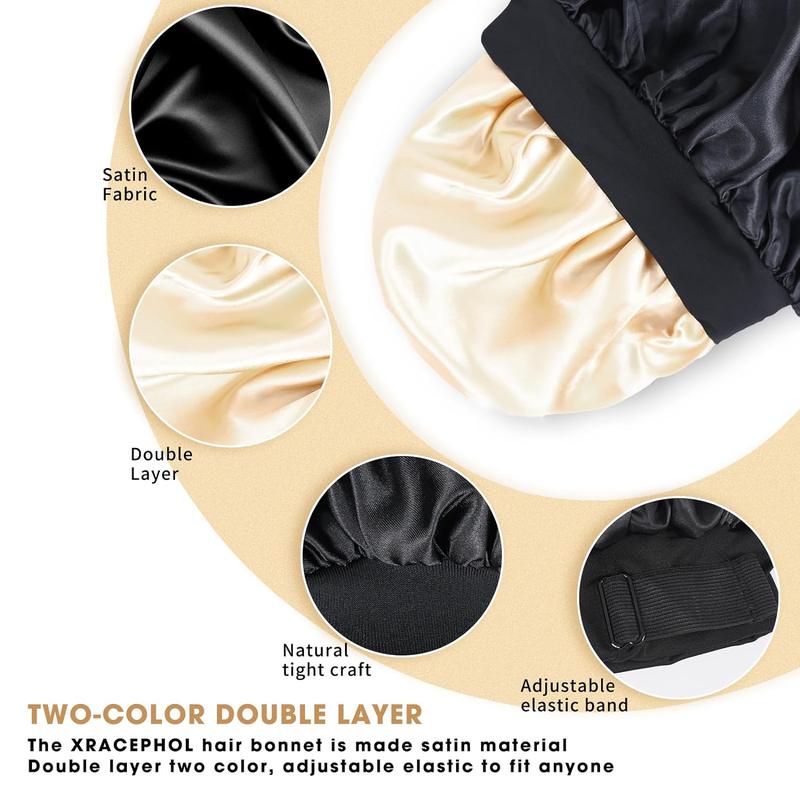 Silk Bonnet for Sleeping Double Layer Satin Bonnet Adjustable Bonnets for Black Women Sleep Cap Reversible Hair Bonnet for Curly Hair (Black)