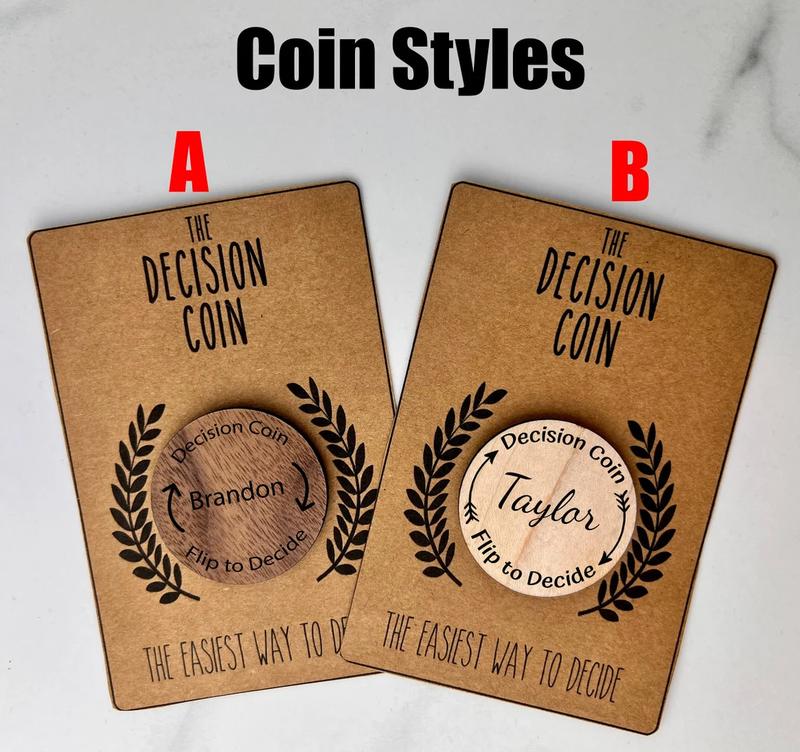 Personalized Decision Maker Coin | Argument Solver | Engraved | Stocking Stuffer | Couples | Flip Coin | 5th Anniversary Wood Gift | For Her