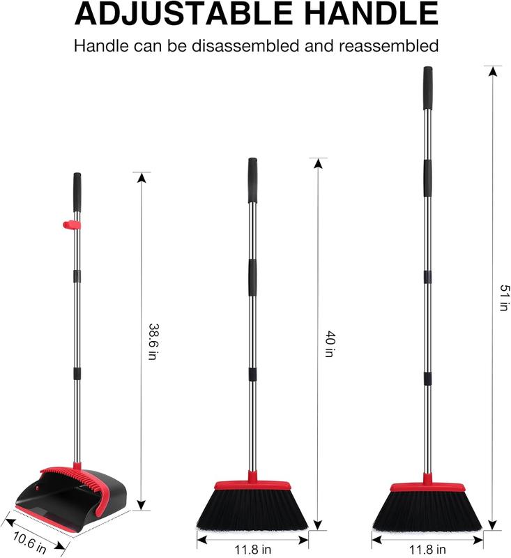 Broom and Dustpan Set, 52-in Long Adjustable Handle Broom Dustpan Combo with Dustpan Teeth to Automatically Clean Hair Suitable for Home Kitchen Office Hall Floor