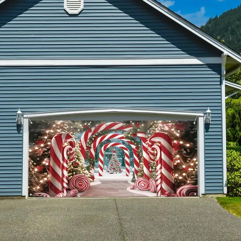 Christmas Themed Garage Door Cover, Candy Cane Pattern Garage Door Banner, Outdoor Holiday Decoration for Home, Party, Festival