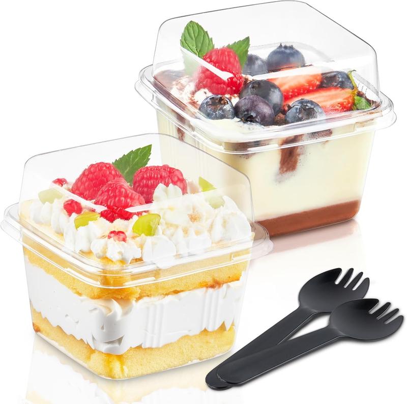 50 Pack 8 oz Plastic Dessert Cups with Lids and Sporks, Clear Square Cake Cups Dessert Containers for Pudding Parfait Fruit Yogurt and Shortcake