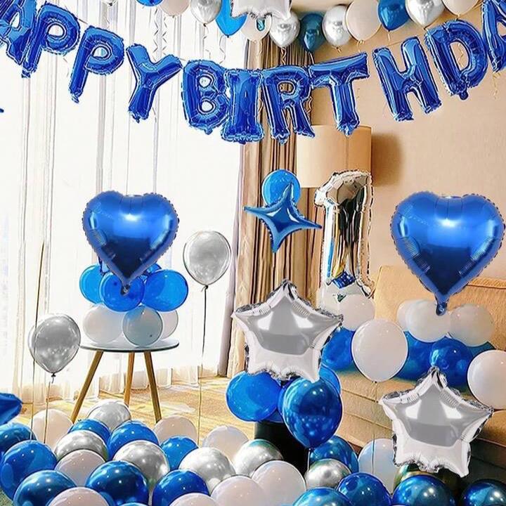 52pcs Blue Birthday Party Decoration Kit with 'Happy Birthday' Banner, Latex Balloons, Heart-Shaped Foil Balloons, Glue Dots, and White Ribbon